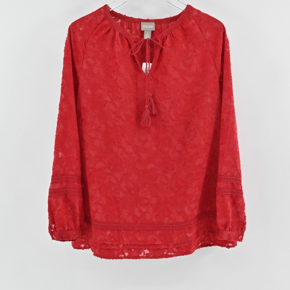 Chico's‎ Clipped Jacquard Tie Front Top Womens Size L 2 Red Peasant Boho Blouse